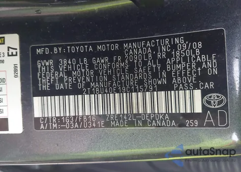 2009 Toyota Corolla Le z USA, uszkodzony, nr VIN 2T1BU40E19C115791